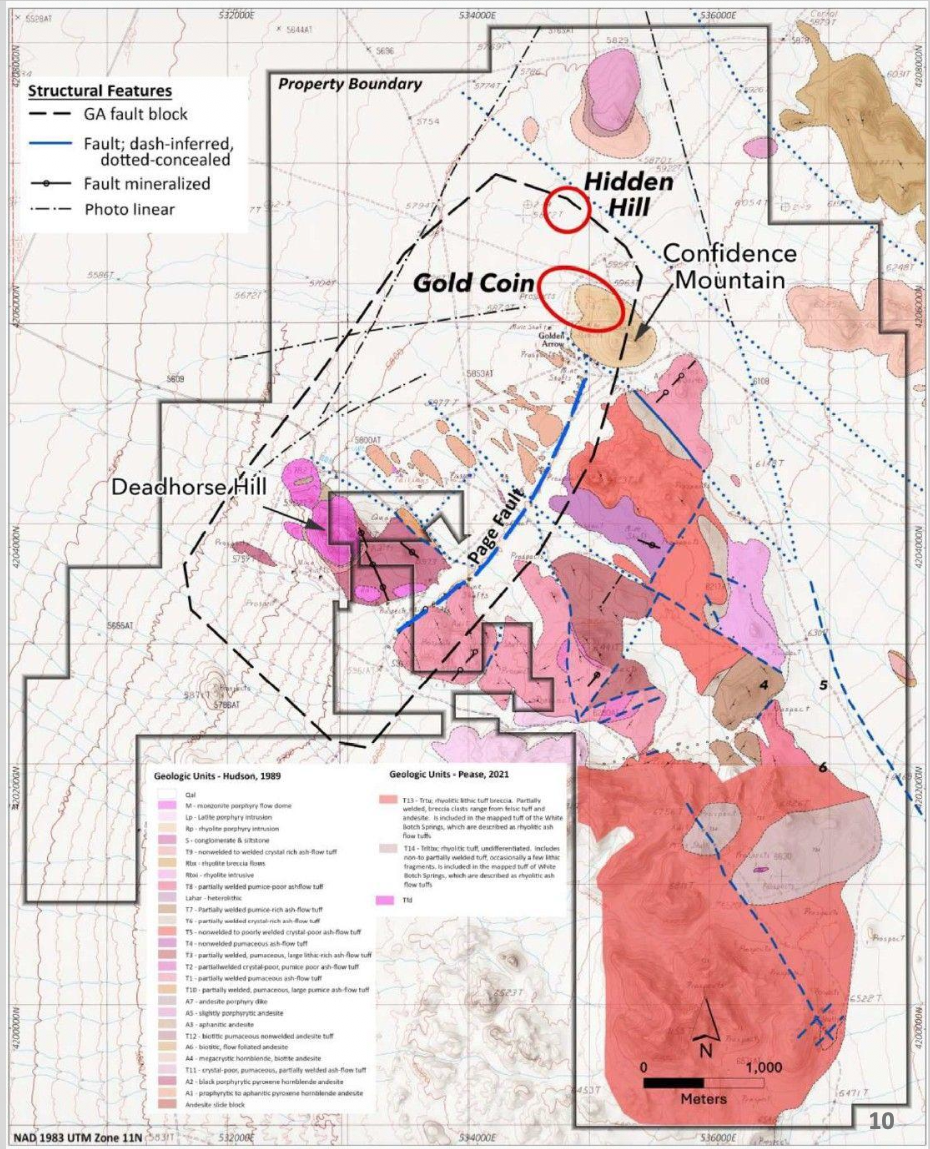 Map: Golden Arrow geology map showing the Gold Coin and Hidden Hill mineralized areas circled inside the property boundary, with Confidence Mountain, Deadhorse Hill and the Page Fault.