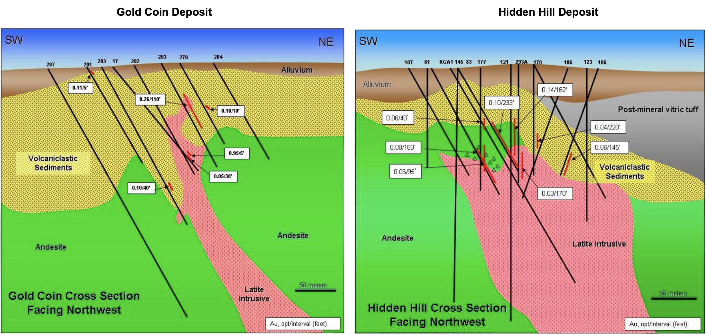 Diagram: Gold Coin and Hidden Hill cross sections facing northwest, with drill intercepts in Au opt/interval &mdash; 0.95/5', 0.26/110' at Gold Coin and 0.14/162', 0.10/233' at Hidden Hill.