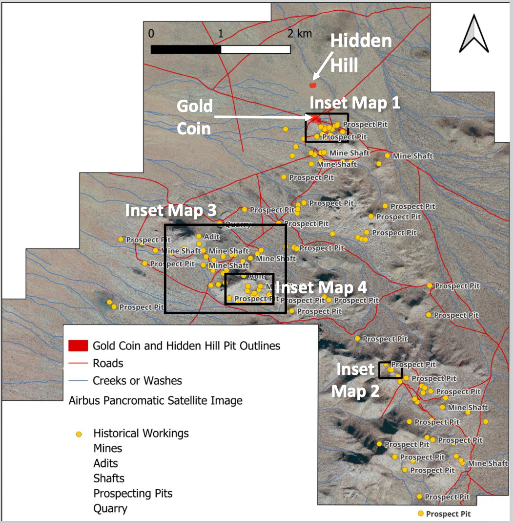 Map: Golden Arrow satellite map marking historical prospect pits, adits, mine shafts and a quarry around the Gold Coin and Hidden Hill pit outlines, with four inset map boxes and a 0&ndash;2 km scale.