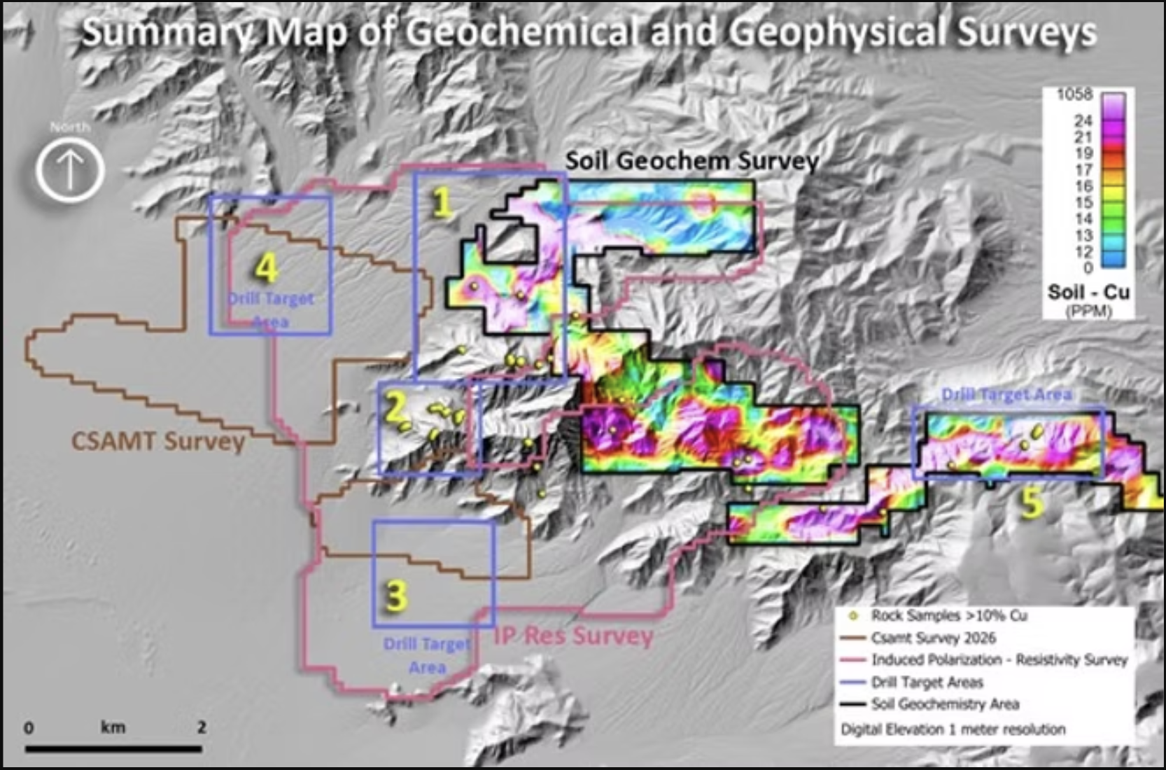 Map: Nevada Titan summary map of geochemical and geophysical surveys with drill target areas numbered 1 to 5 and a soil copper scale from 0 to 1058 ppm.