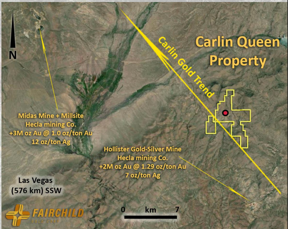 Map: Carlin Queen property on the Carlin Gold Trend, near Hecla's Midas Mine (+3M oz Au at 1.0 oz/ton Au, 12 oz/ton Ag) and Hollister Mine (+2M oz Au at 1.29 oz/ton Au, 7 oz/ton Ag).