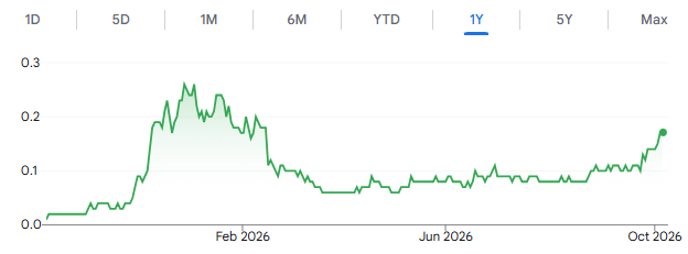 Chart: Nine Mile Metals one-year price line with the 1Y tab selected, y-axis 0.0 to 0.3 and months labelled Feb 2026, Jun 2026 and Oct 2026.