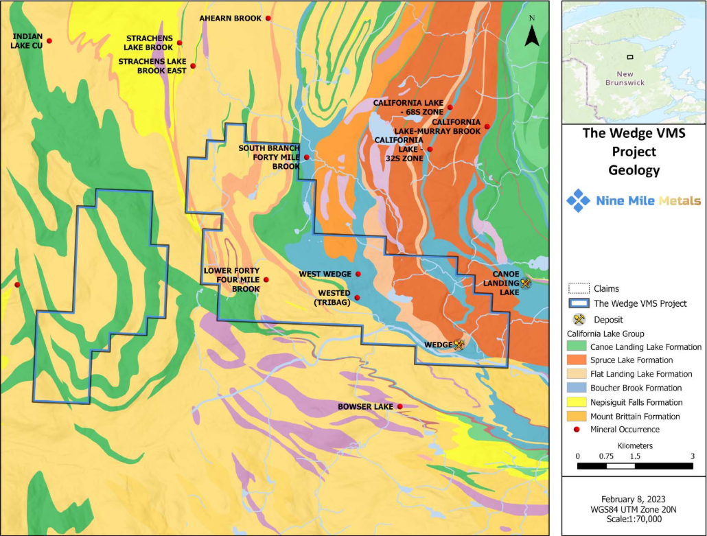 Map: The Wedge VMS Project geology in New Brunswick, showing the claim outline, the Wedge, West Wedge, Wested (Tribag) and Canoe Landing Lake occurrences, scale 1:70,000.