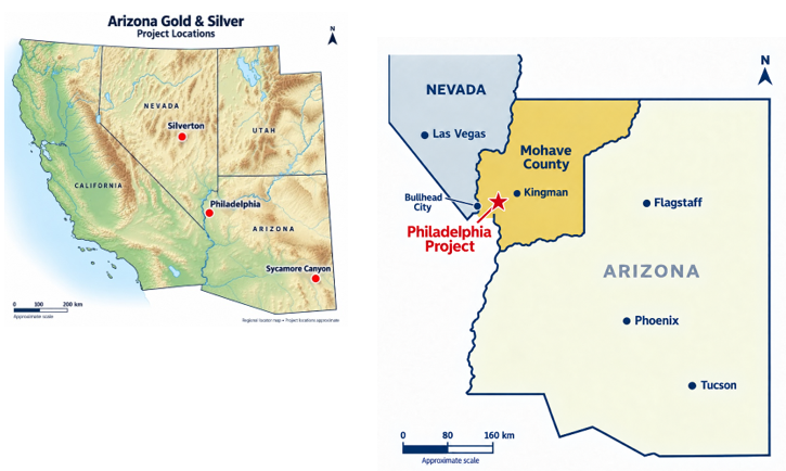 Map: AZS project locations &mdash; Silverton in Nevada, Philadelphia and Sycamore Canyon in Arizona, with the Philadelphia Project marked in Mohave County near Kingman and Bullhead City.