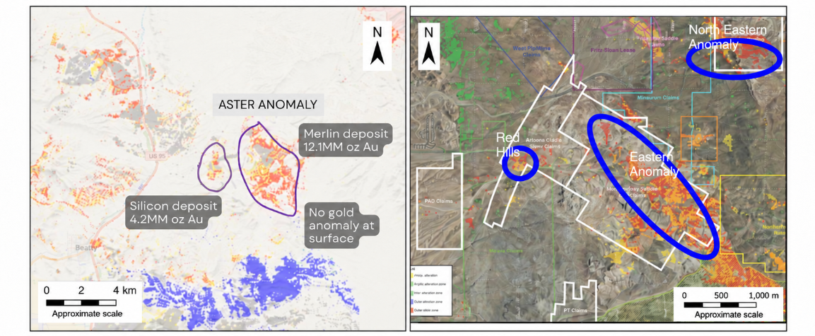 Map: geophysical signature of the Merlin deposit (12.1MM oz Au) and Silicon deposit (4.2MM oz Au) in Nevada beside Philadelphia's North Eastern Anomaly, Eastern Anomaly and Red Hills.