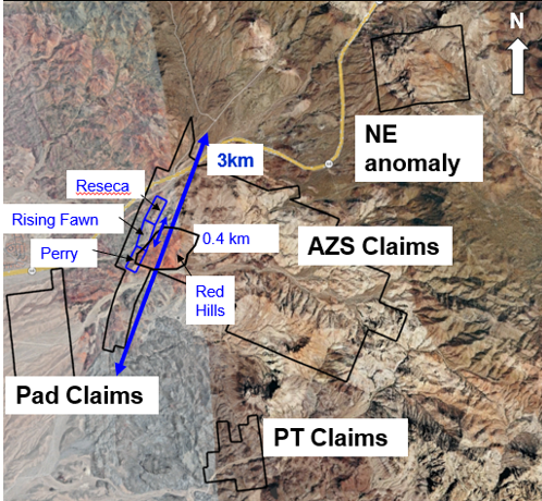 Map: Philadelphia key targets on satellite imagery &mdash; a 3 km trend with a 0.4 km cross-arrow marking Reseca, Rising Fawn, Perry and Red Hills, plus the NE anomaly, AZS, Pad and PT claims.