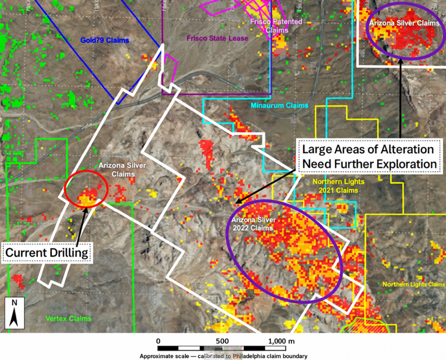 Map: additional prospects at Philadelphia &mdash; current drilling circled at the Arizona Silver Claims and two large alteration areas marked "Large Areas of Alteration Need Further Exploration".