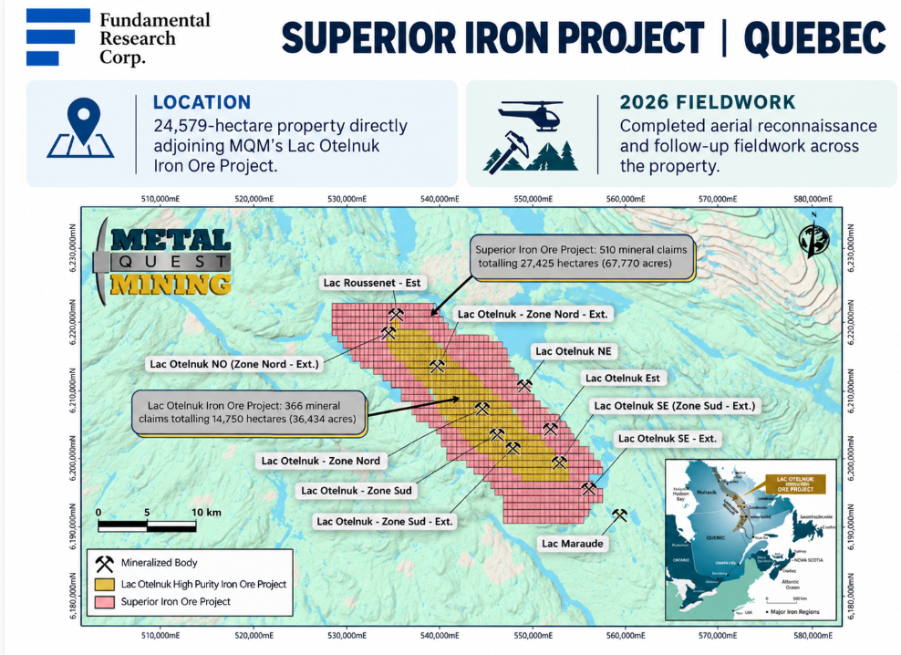 Map: Superior Iron Project, Quebec &mdash; 510 mineral claims over 27,425 hectares (67,770 acres) adjoining Lac Otelnuk's 366 claims over 14,750 hectares (36,434 acres).