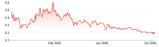 Chart: NAM's one-year price line from above 0.6 early in the period down toward 0.2, on an axis scaled 0.1 to 0.6, with month labels Feb 2026, Jun 2026 and Oct 2026.