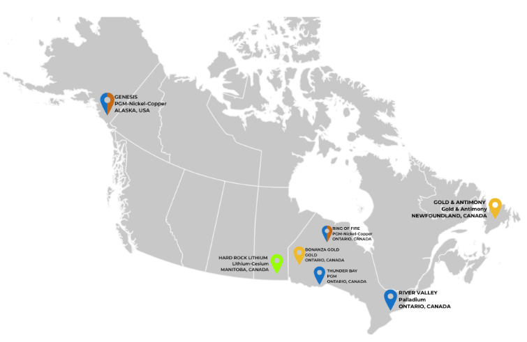 Map: NAM project locations &mdash; Genesis PGM-nickel-copper in Alaska, Hard Rock Lithium in Manitoba, Bonanza Gold, Ring of Fire, Thunder Bay and River Valley in Ontario, gold and antimony in Newfoundland.