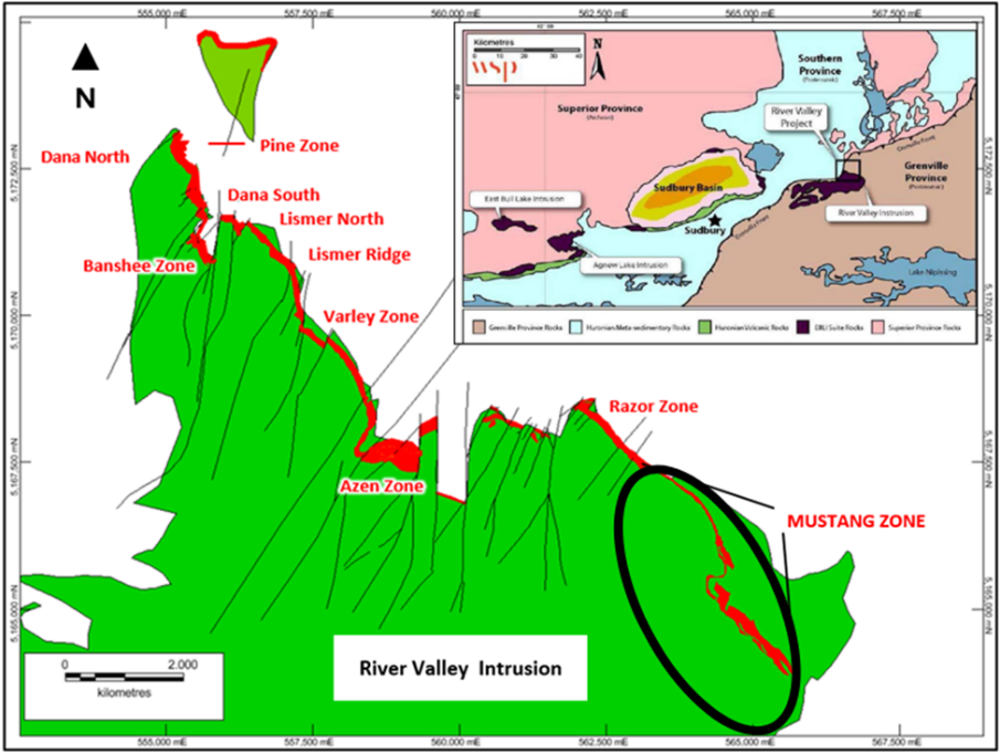 Map: River Valley Intrusion with the Pine, Dana North, Dana South, Lismer North, Lismer Ridge, Banshee, Varley, Azen and Razor zones, and the Mustang Zone circled, plus a WSP regional geology inset.