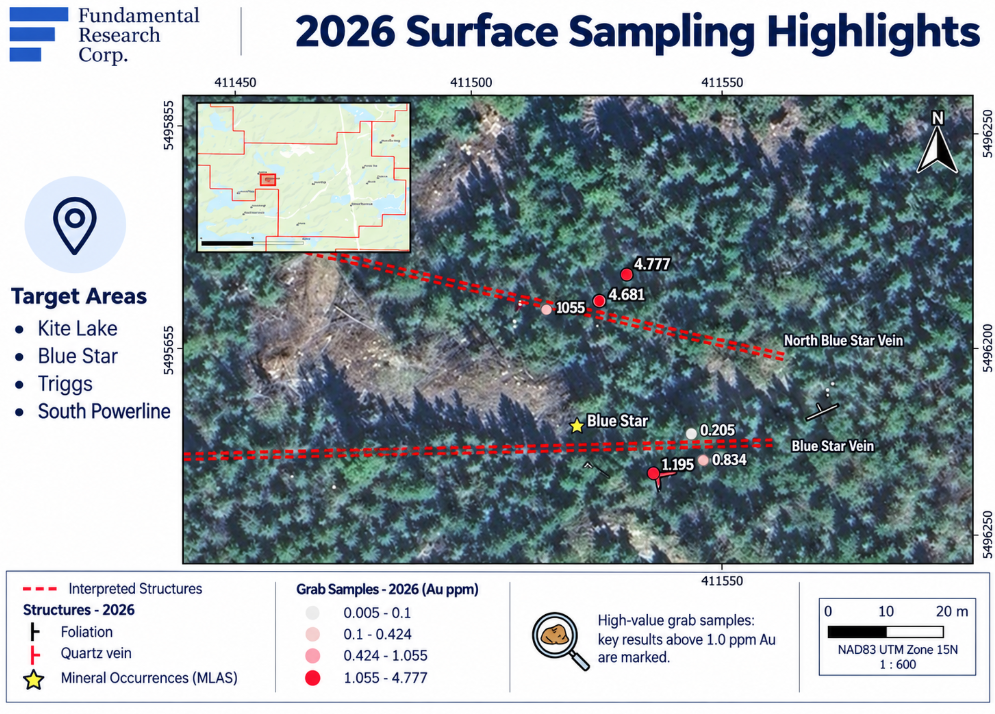 Infographic: Bonanza Ridge 2026 surface sampling highlights at Blue Star &mdash; grab samples of 4.777, 4.681, 1.195, 0.834 and 0.205 Au ppm on a 0.005&ndash;4.777 ppm scale.