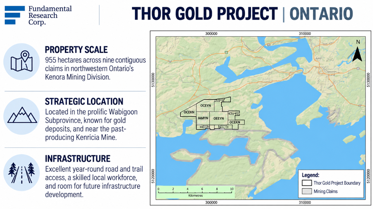 Infographic: Thor Gold Project, Ontario &mdash; 955 hectares across nine contiguous claims in the Kenora Mining Division, in the Wabigoon Subprovince near the past-producing Kenricia Mine.
