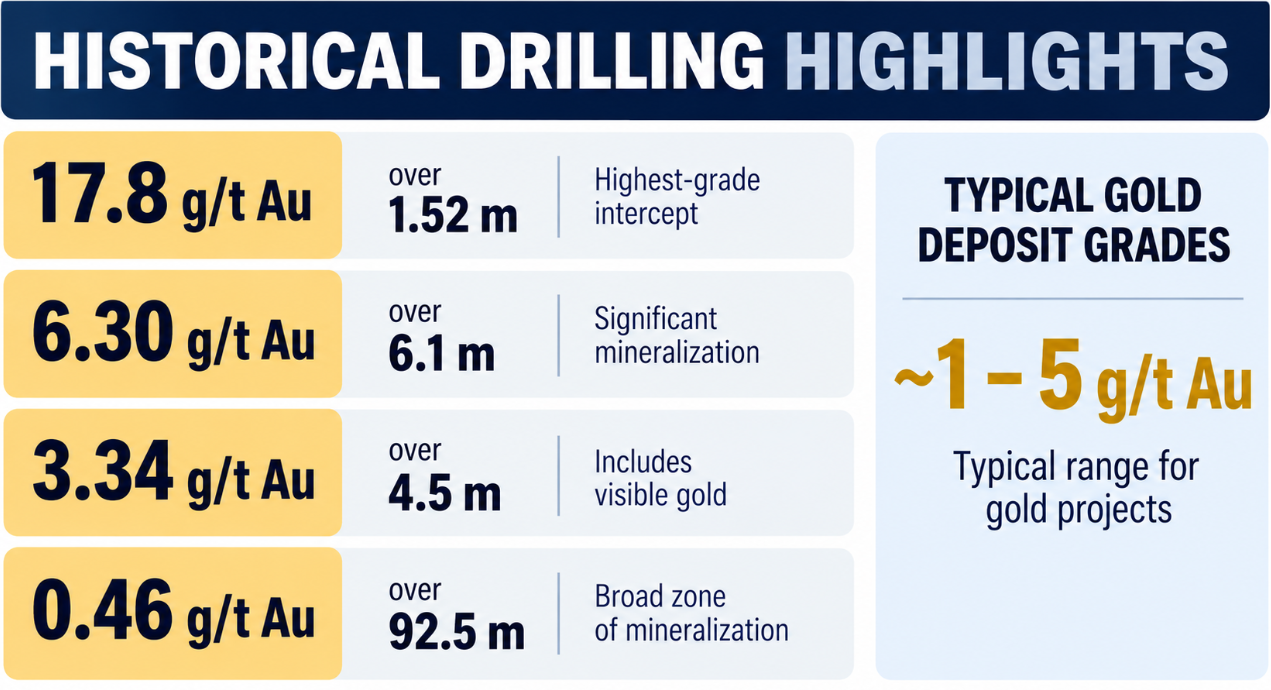 Infographic: Thor historical drilling highlights &mdash; 17.8 g/t Au over 1.52 m, 6.30 g/t over 6.1 m, 3.34 g/t over 4.5 m with visible gold and 0.46 g/t over 92.5 m, against ~1-5 g/t typical gold grades.
