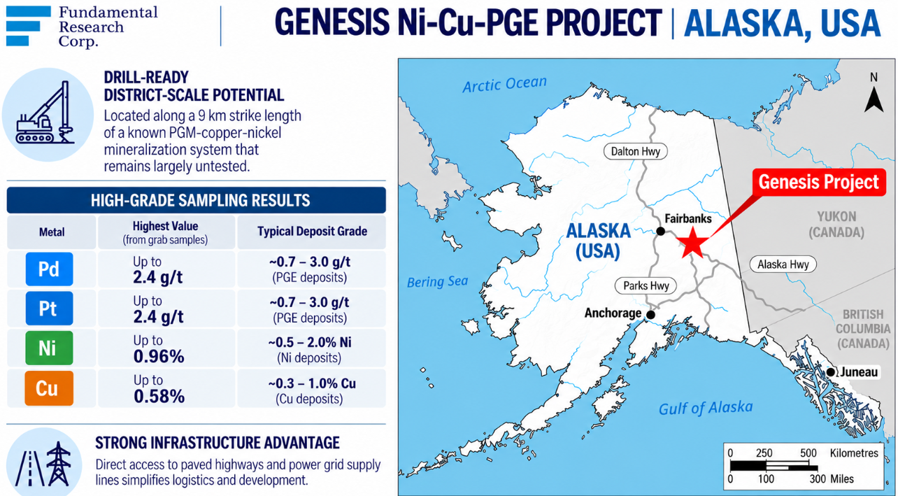 Infographic: Genesis Ni-Cu-PGE Project, Alaska &mdash; a 9 km strike length with grab samples up to 2.4 g/t Pd, 2.4 g/t Pt, 0.96% Ni and 0.58% Cu, near Fairbanks with paved highway access.