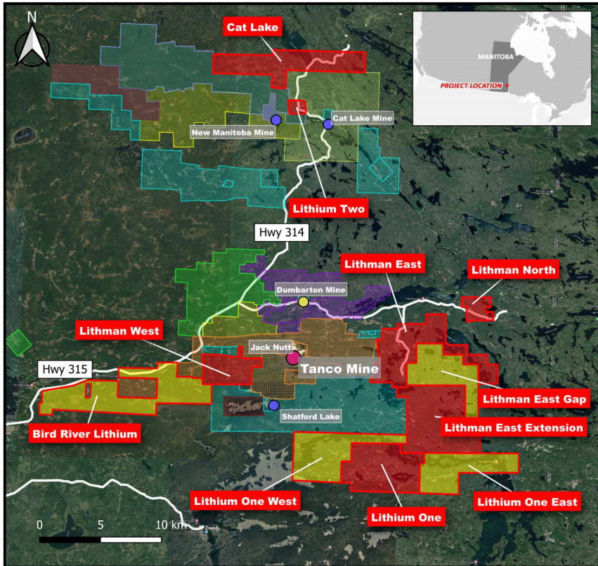 Map: NAM's Manitoba lithium properties around the Tanco Mine &mdash; Cat Lake, Lithium Two, Lithman North, East, West, East Gap and East Extension, Bird River Lithium and Lithium One West, One and One East.