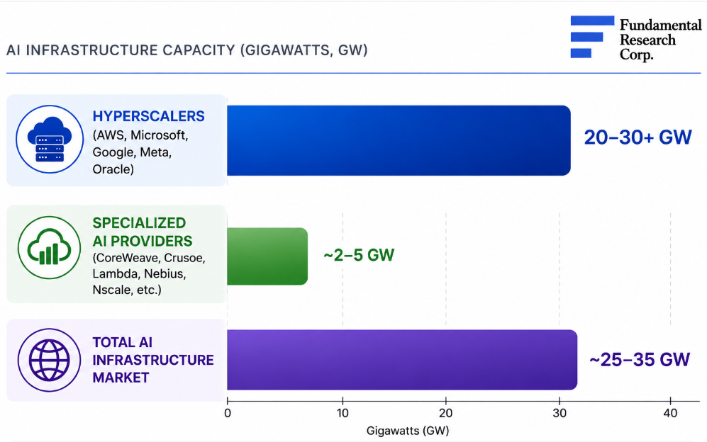Chart: AI infrastructure capacity in gigawatts &mdash; hyperscalers 20&ndash;30+ GW, specialized AI providers ~2&ndash;5 GW, total AI infrastructure market ~25&ndash;35 GW.